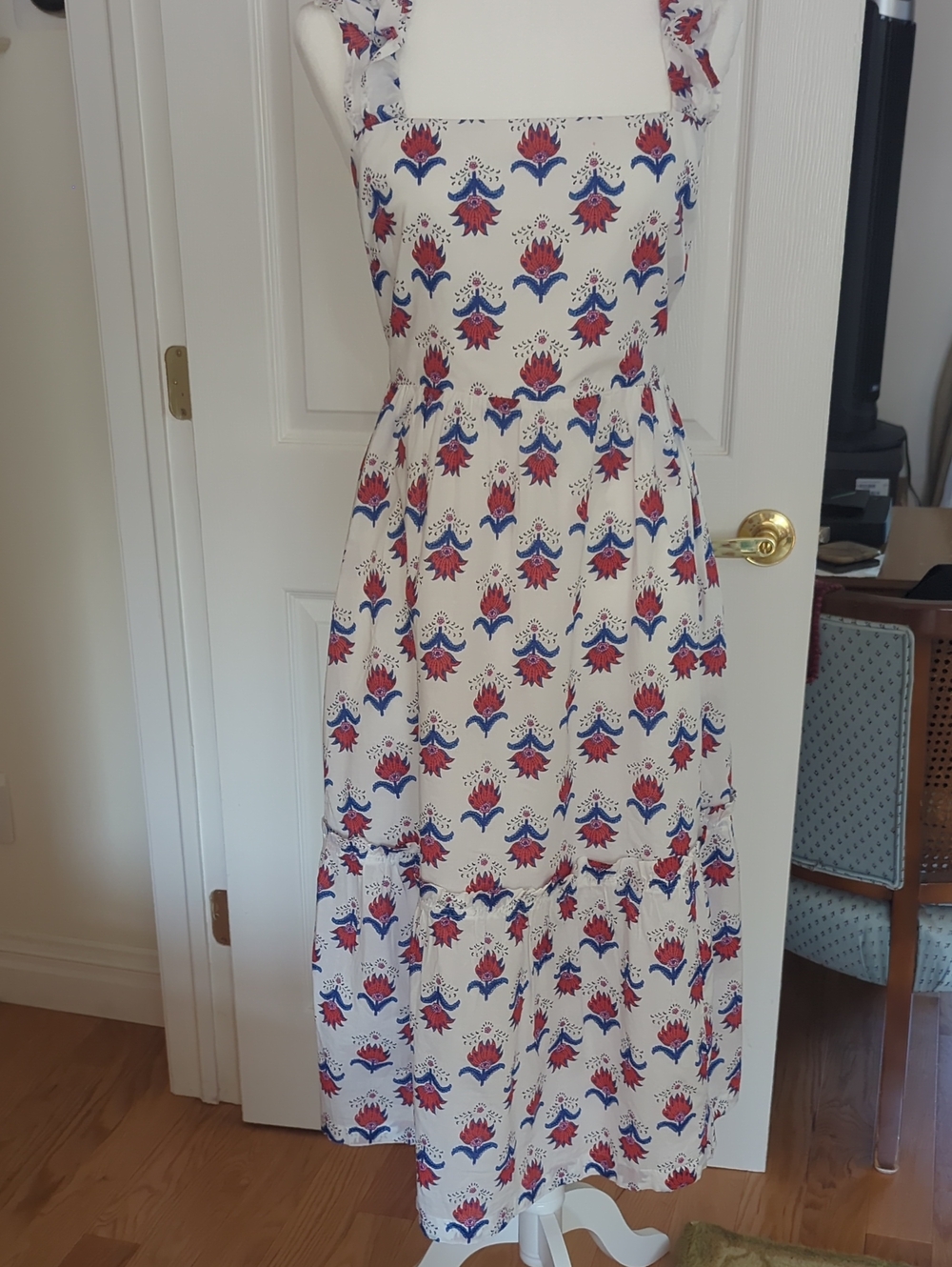 J. Crew White Maxi Dress with Red & Blue Floral Motif
